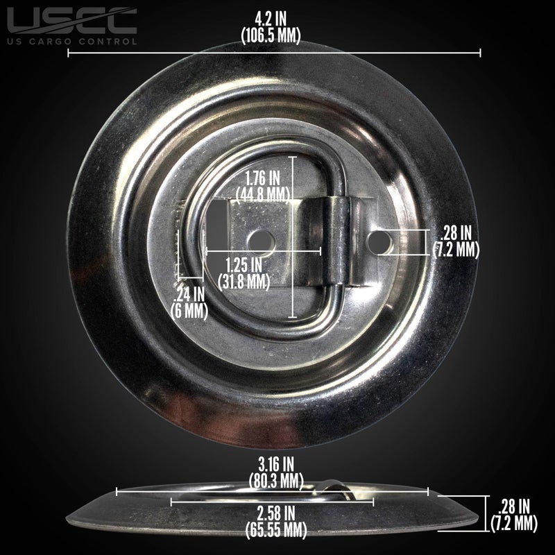 US Cargo Control Recessed D-Ring Tie Down Anchors (4-Pack), Flush Mount Type 316 Stainless Steel D Rings for Trailers, Camping, Decks, Outdoor Uses, and Marine Environments, 800 LBS Break Strength - Image 2